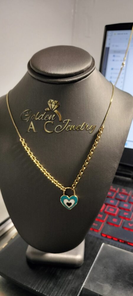 Gargantilla c/corazon candado y esl rolo 14k zirc y ename azul y B N Size size17.5/1mm Weight 4.9gr
