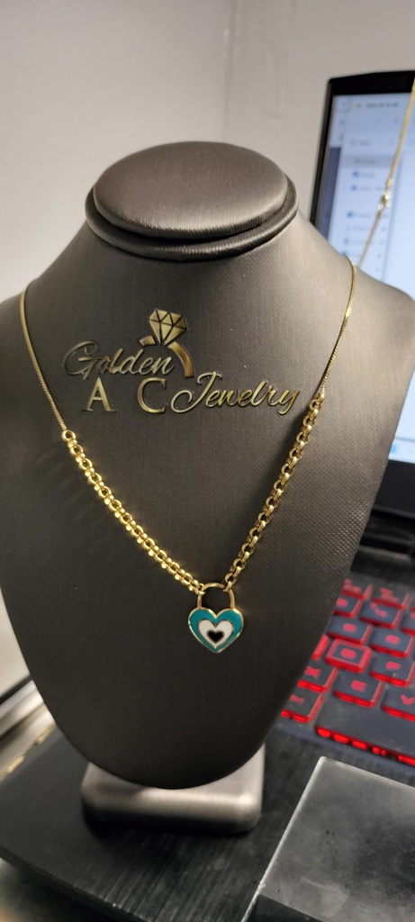 Gargantilla c/corazon candado y esl rolo 14k zirc y ename azul y B N Size size17.5/1mm Weight 4.9gr