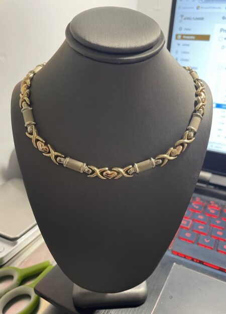 Gargantilla xoxo c/coraz y barras 14k Size size16/7.2mm Weight 17.gr