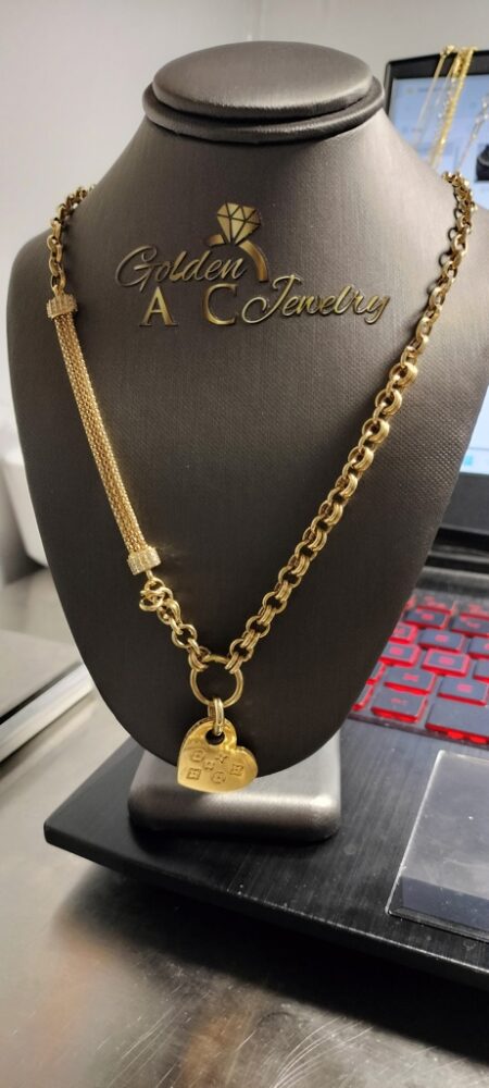 Gargantilla rolo corazon c/flores banda flex y charms 14k zirc Size size19.5/5.5mm Weight 15.9gr