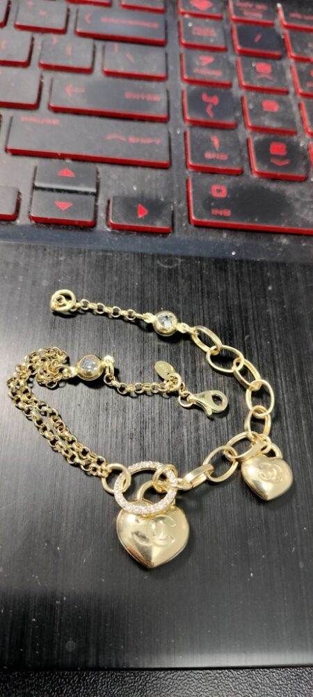 manilla rolo c/charms 2 corazon CC doble cadena 14k zirc B Size size7.7 Weight 5.5gr