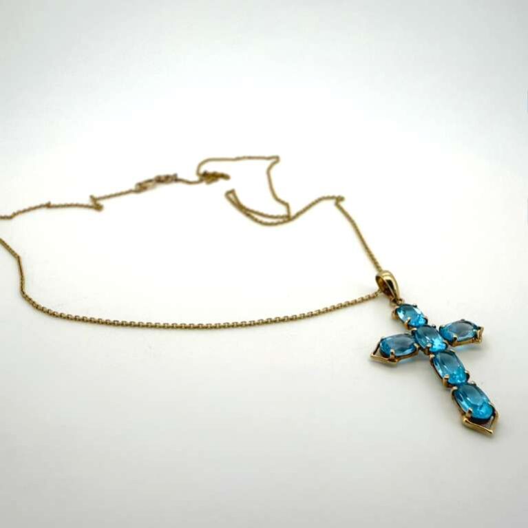 chain /pendant chain w/crucifix and zirc 14k zirc Blue Size sz18/0.7mm Weight 2.95gr